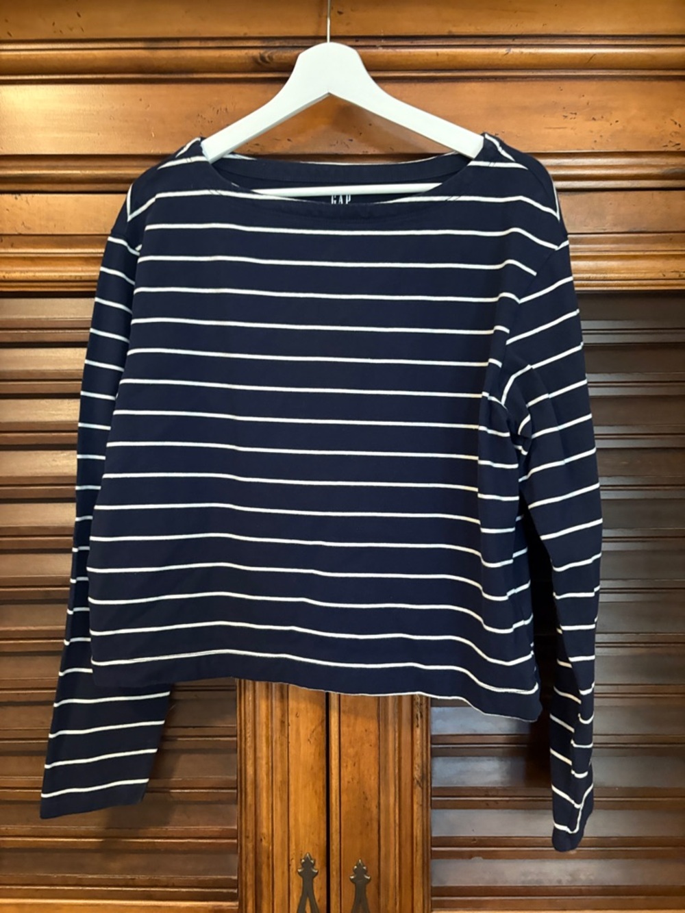 GAP Navy and White Striped Boatneck Long Sleeve Top Small TALL